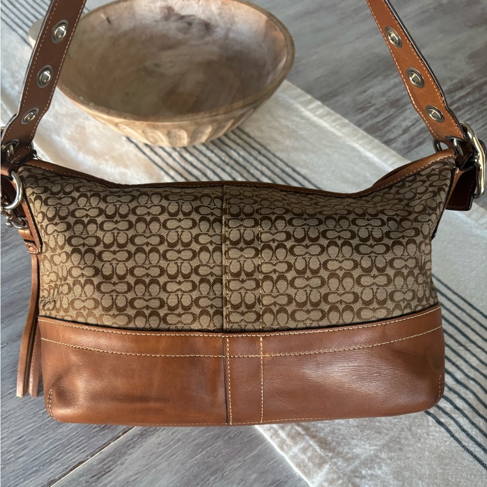 🍃🦋 Vintage Coach Signature Canvas Leather Shoulder Hobo Mini Duffle Bag - Picture 4 of 15